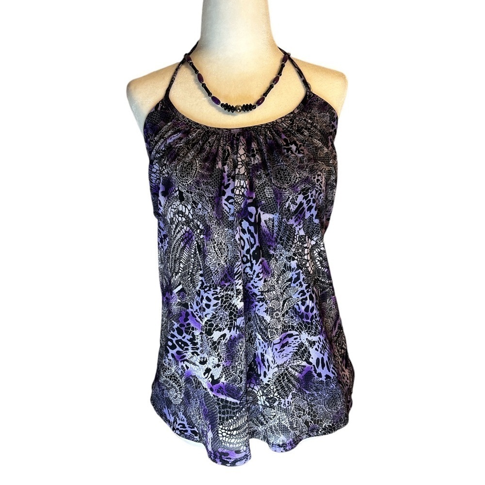 iZ BYER Women’s Purple and Black tie around the neck back out Top.Necklace too